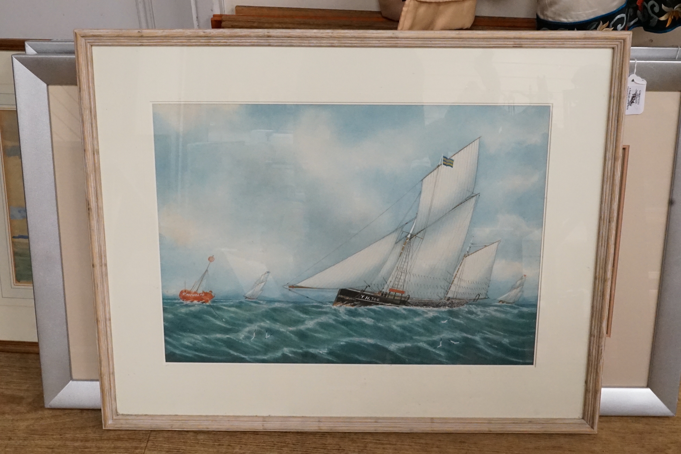 Late 19th century English School, gouache and watercolour, ‘Yarmouth fishing smacks passing the St Nicholas lightboat’, 35 x 50cm
